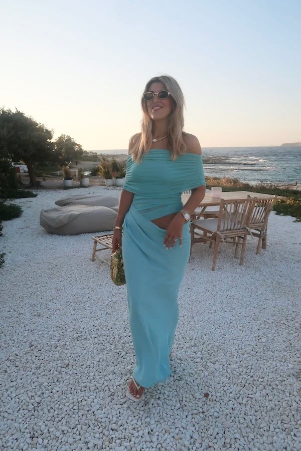 Girls with Gems Nico Off Shoulder Maxi Dress in Aquamarine