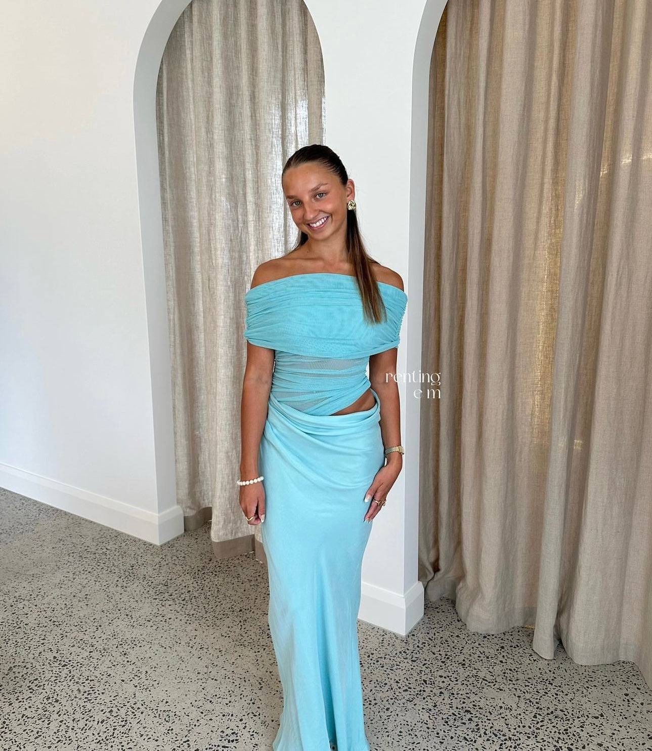 Girls with Gems Nico Off Shoulder Maxi Dress in Aquamarine