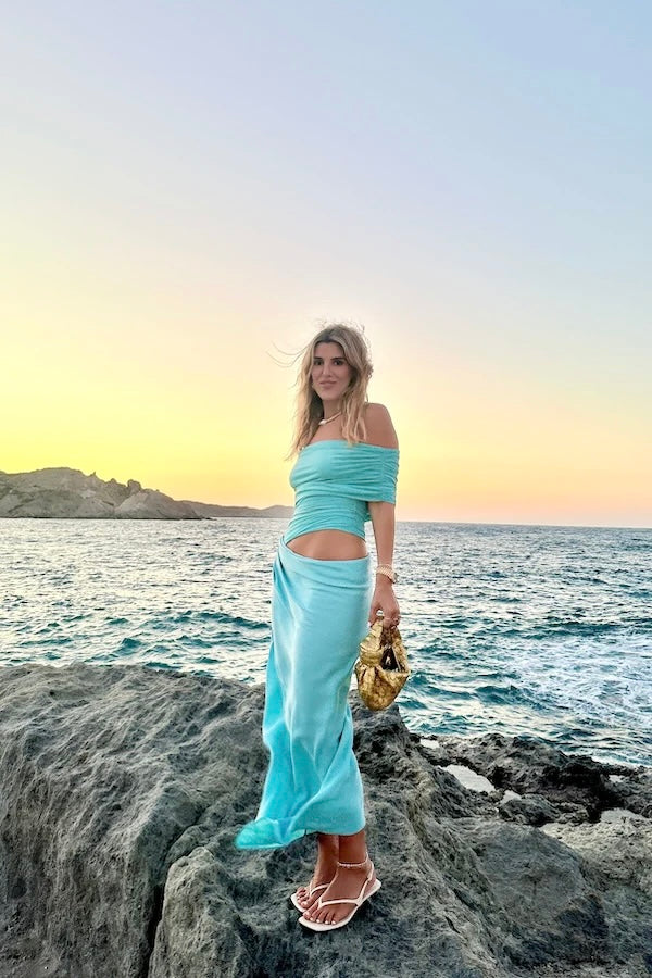 Girls with Gems Nico Off Shoulder Maxi Dress in Aquamarine